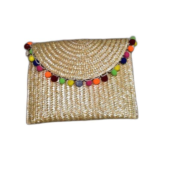 Straw Rainbow Pom Pom Wicker Clutch Purse Chain | Summer Vibes - Picture 1 of 8